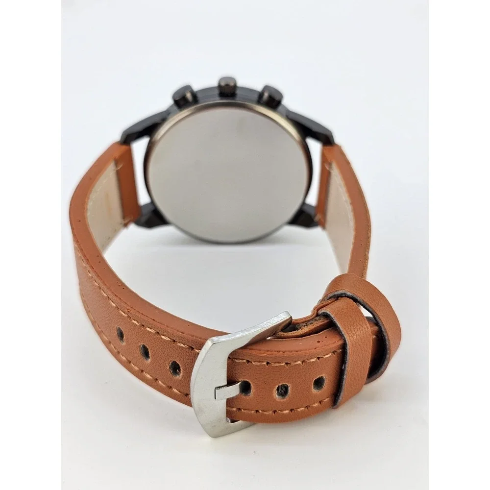 Men's Analog Watch 45MM Cream Dial Light Brown Faux Leather Bands New‎ Battery